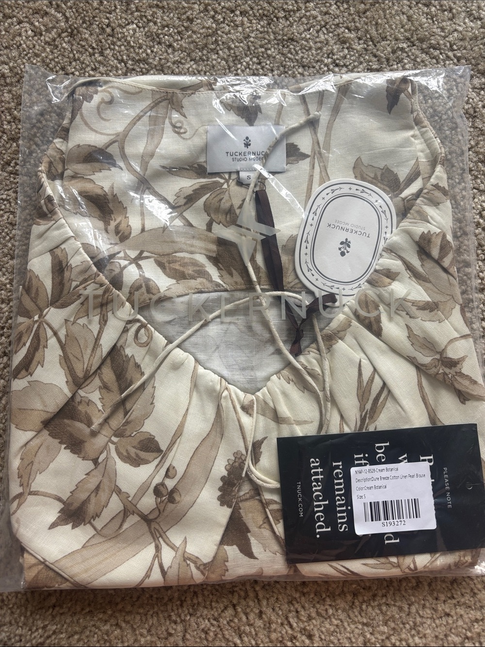Tuckernuck Cream Floral Tie-Neck Top with Brown Botanical Print